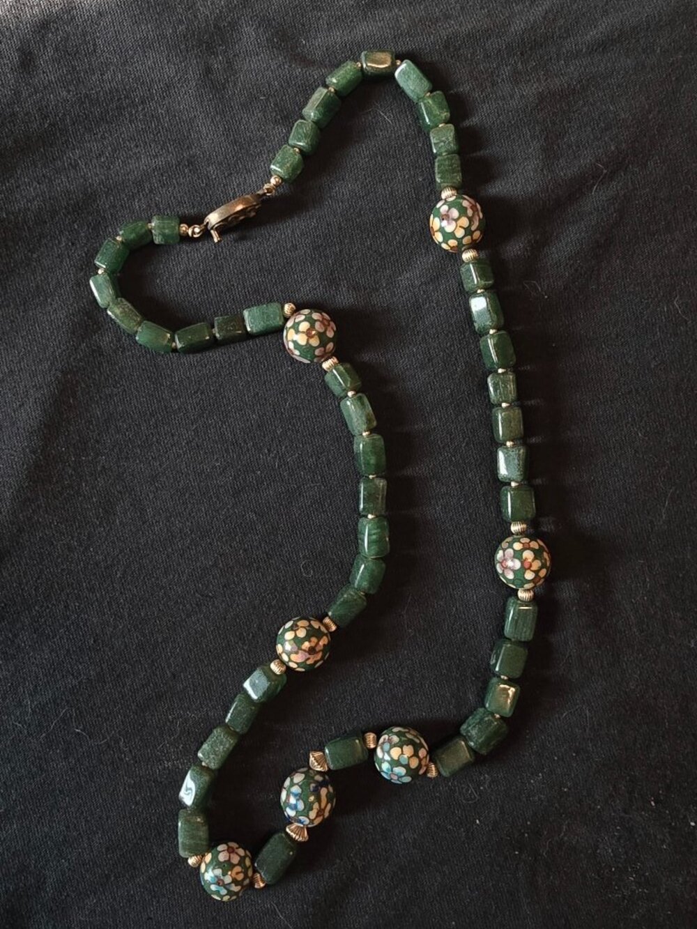Boho Cloisonné Floral & Green Jade Bead Necklace